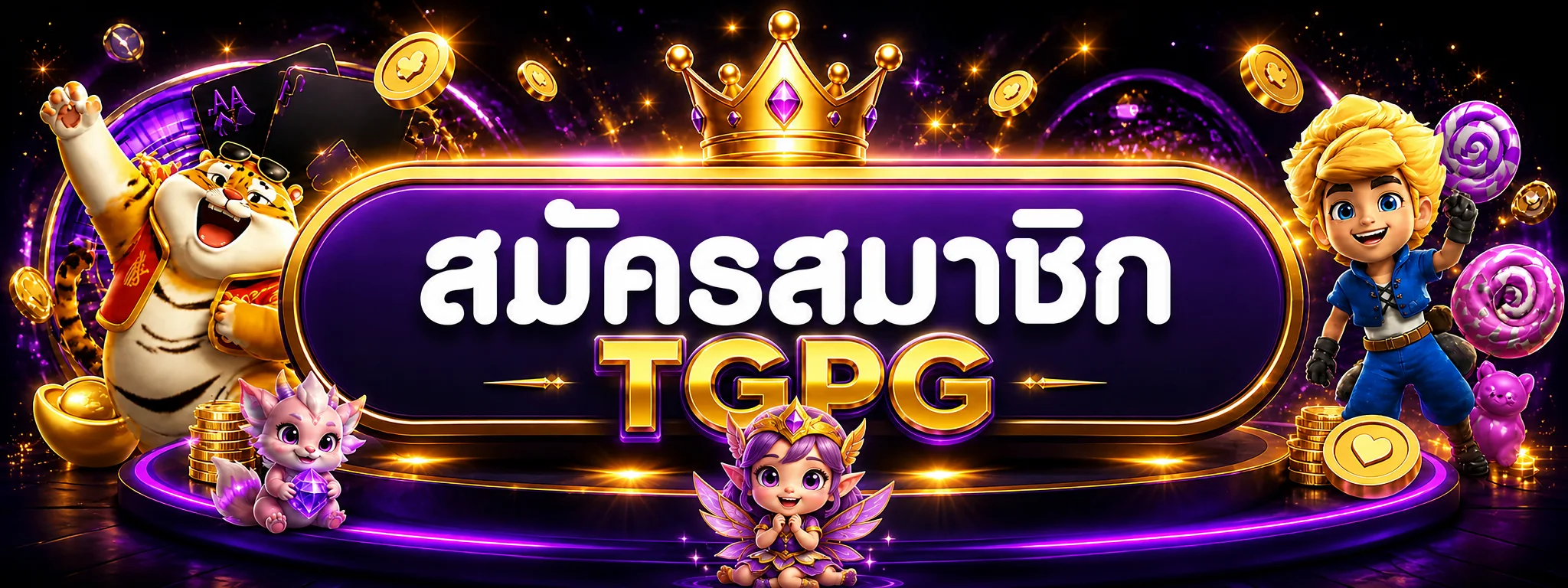 ป้าย TGPG ทางเข้าและสมัครสมาชิกบนพื้นหลังม่วงทอง